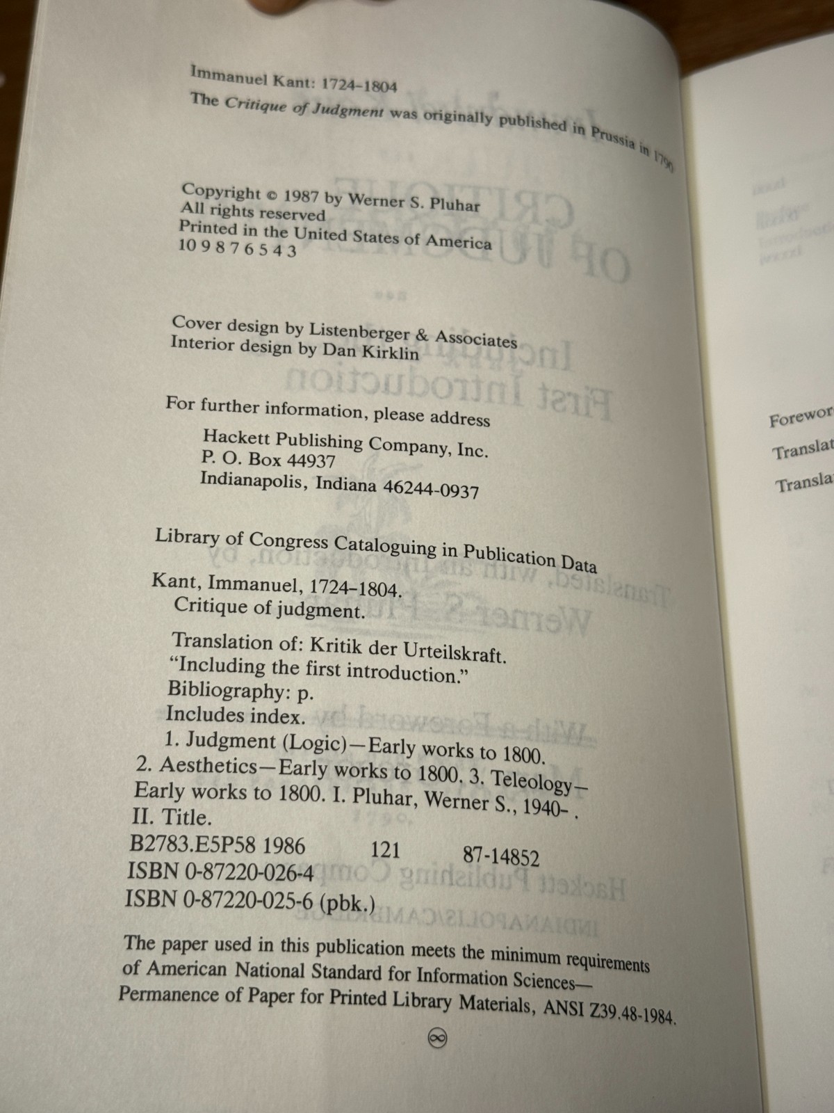 CRITIQUE OF JUDGMENT Immanuel Kant PB Werner S. Pluhar Hackett 1987