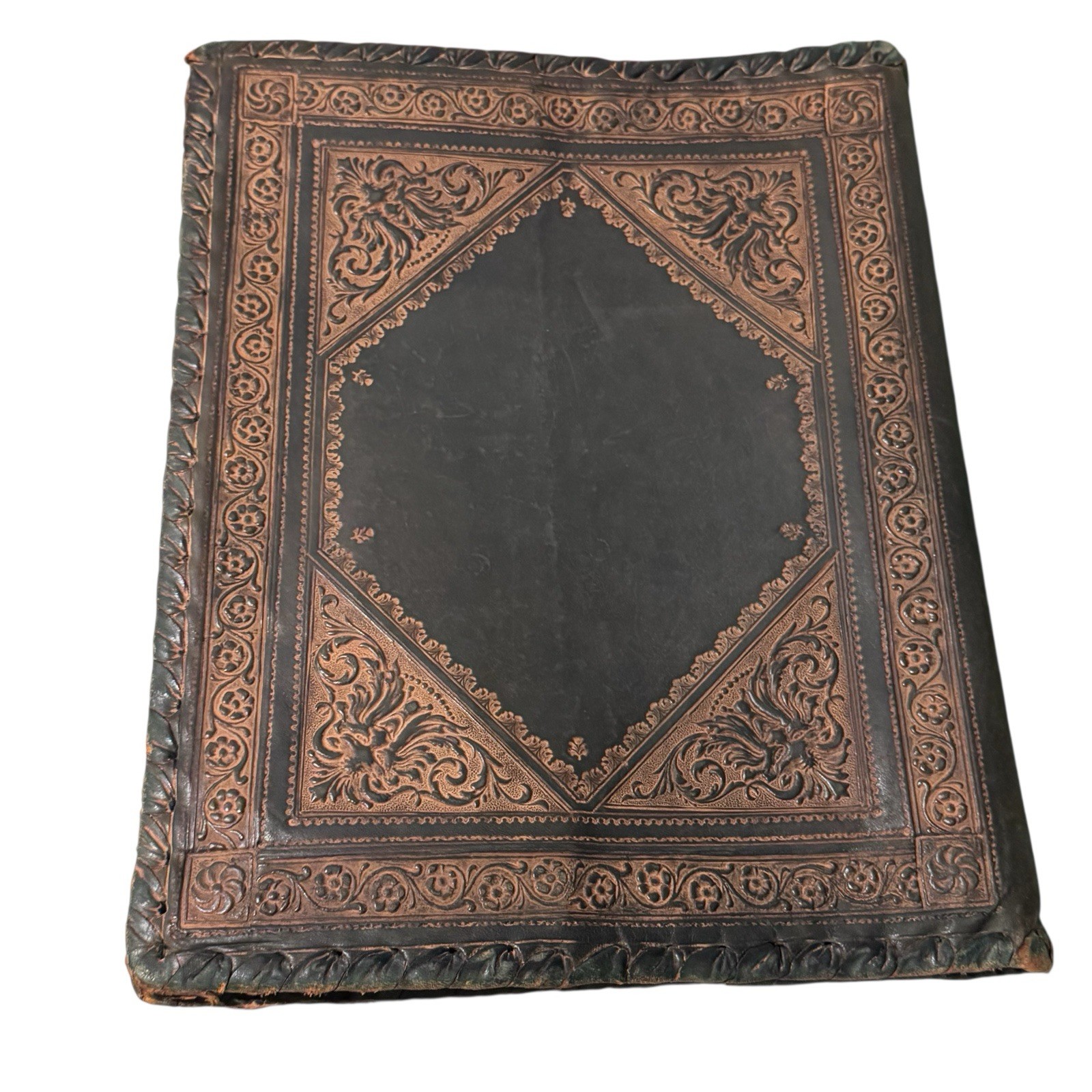 Antique Hand Tooled Leather Book Cover made In Italy Large 13” X 16” Gilded