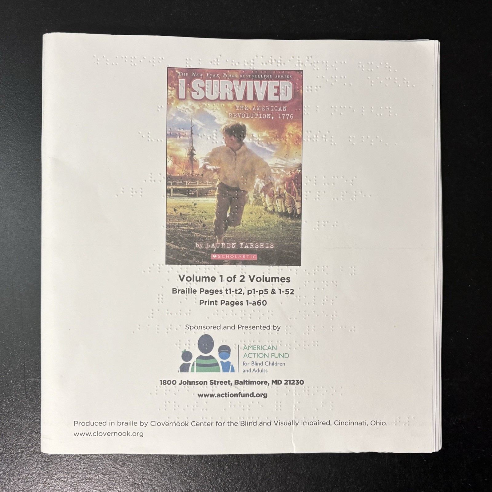 Middle Grade Braille Book I SURVIVED The American Revolution Lauren Tarshish