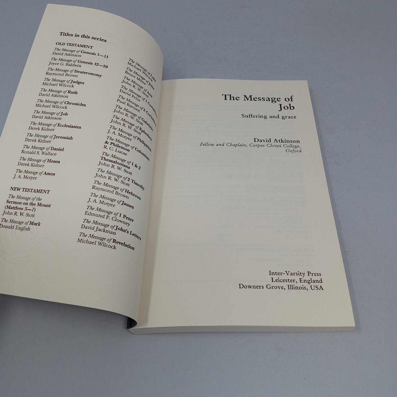 The Message of Job: 1992 InterVarsity Press Paperback by David Atkinson