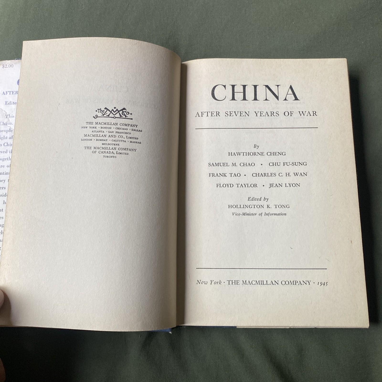 China After Seven Years of War by Hollington K. Tong HCDJ 1st Printing 1945