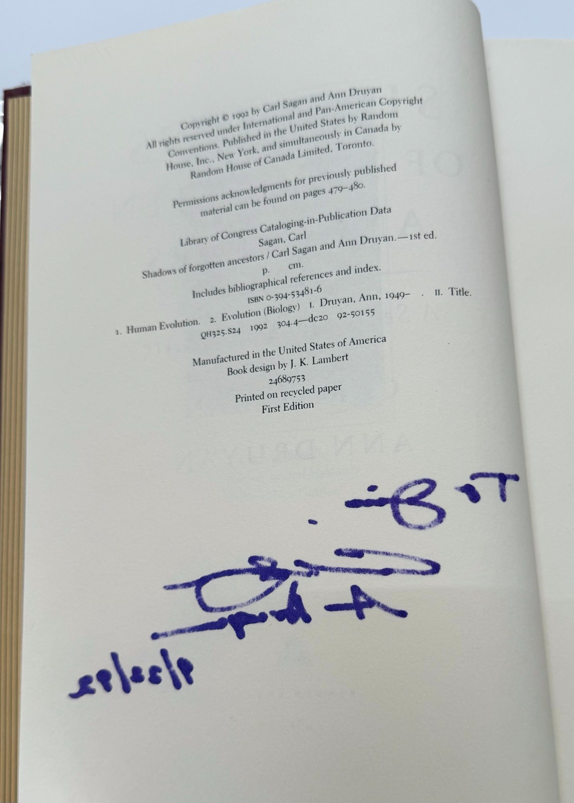 Carl Sagan Ann Druyan Signed Shadows of Forgotten Ancestors 1st Ed 1992 HC DJ
