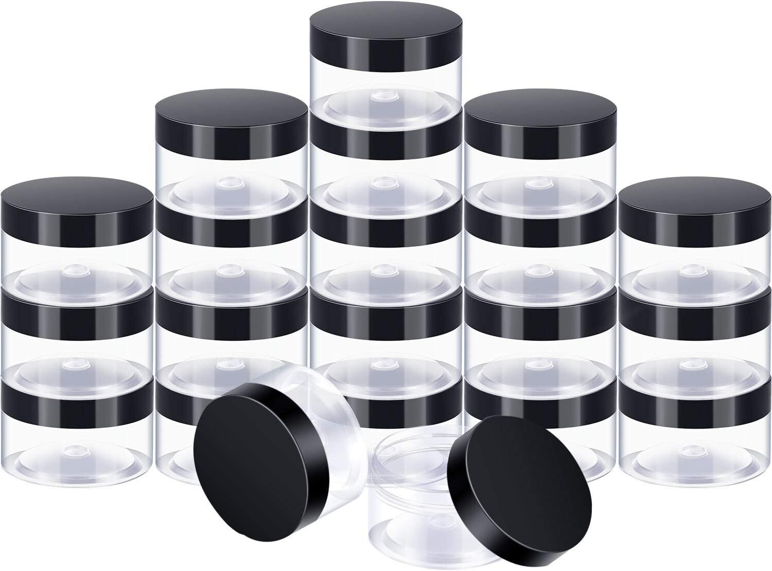 SATINIOR 24 Pieces Empty Clear Plastic Jars with Lids Round 1 OZ, Black Lid