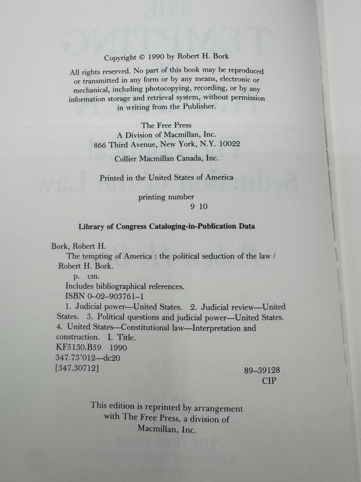 The Tempting of America by Robert H. Bork SIGNED 1990 Leather Hardcover