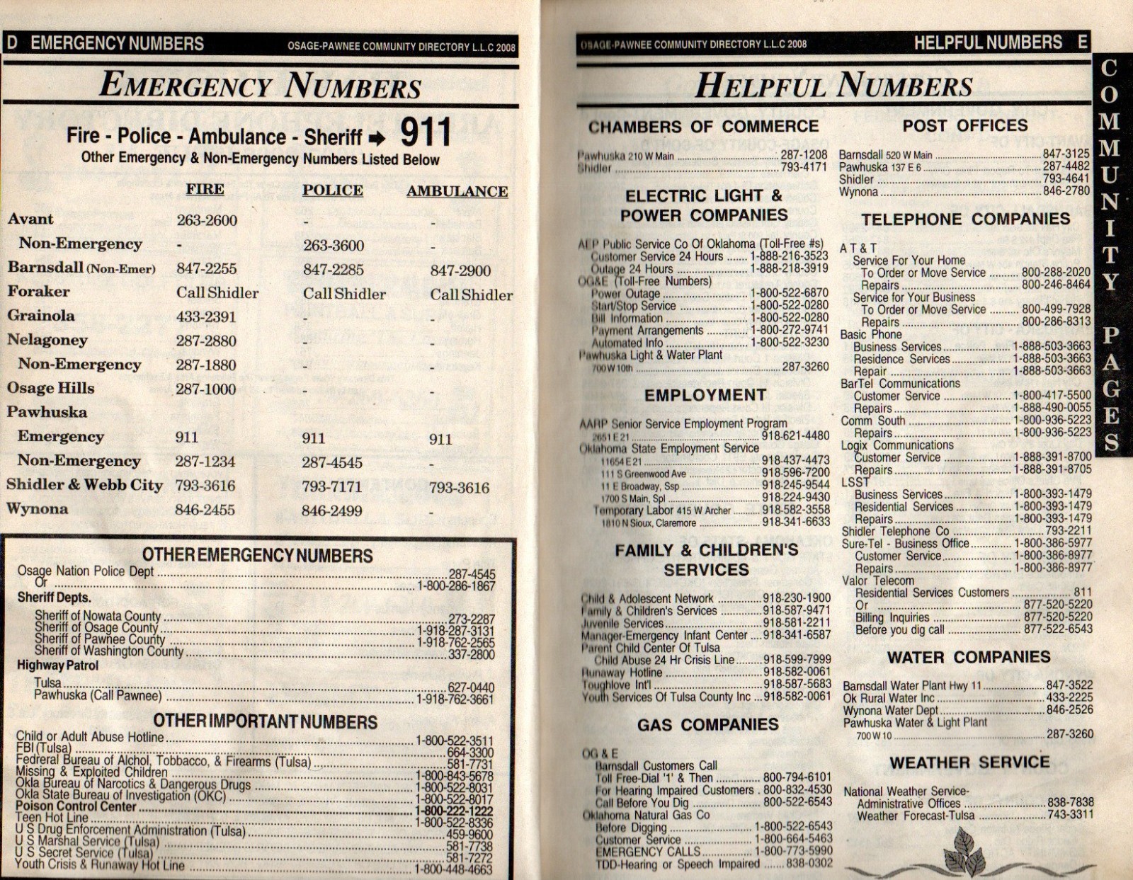 Pawhuska Oklahoma 2007-2008 Community Telephone Directory Phone Book 136 Pages