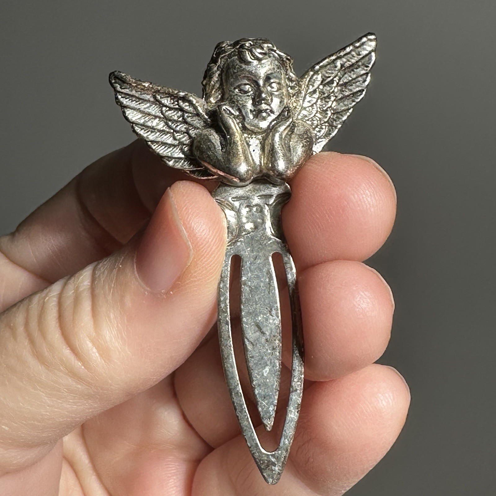 Vintage Silver Angel Cherub Bookmark 2.25 In Patina Wear Scratches