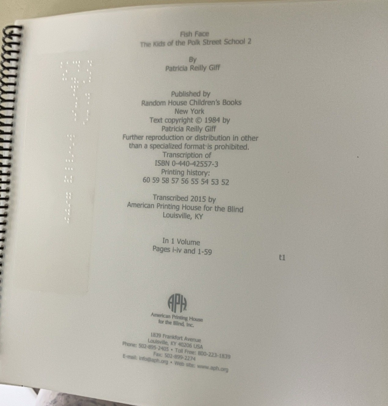 Braille Book: “Fish Face” Old braille format