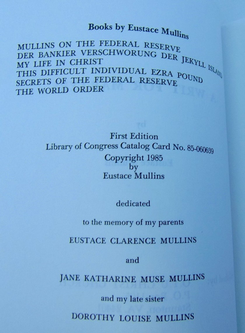 Writ for Martyrs. Eustace Mullins FBI Conspiracy Surveillance COINTELPRO