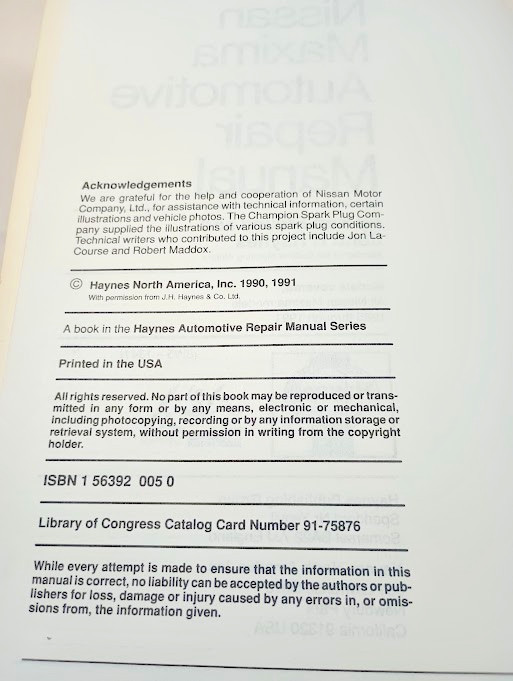 Haynes Nissan Maxima Repair Manual 1985-1991 1991 #1341 ISBN 1563920050