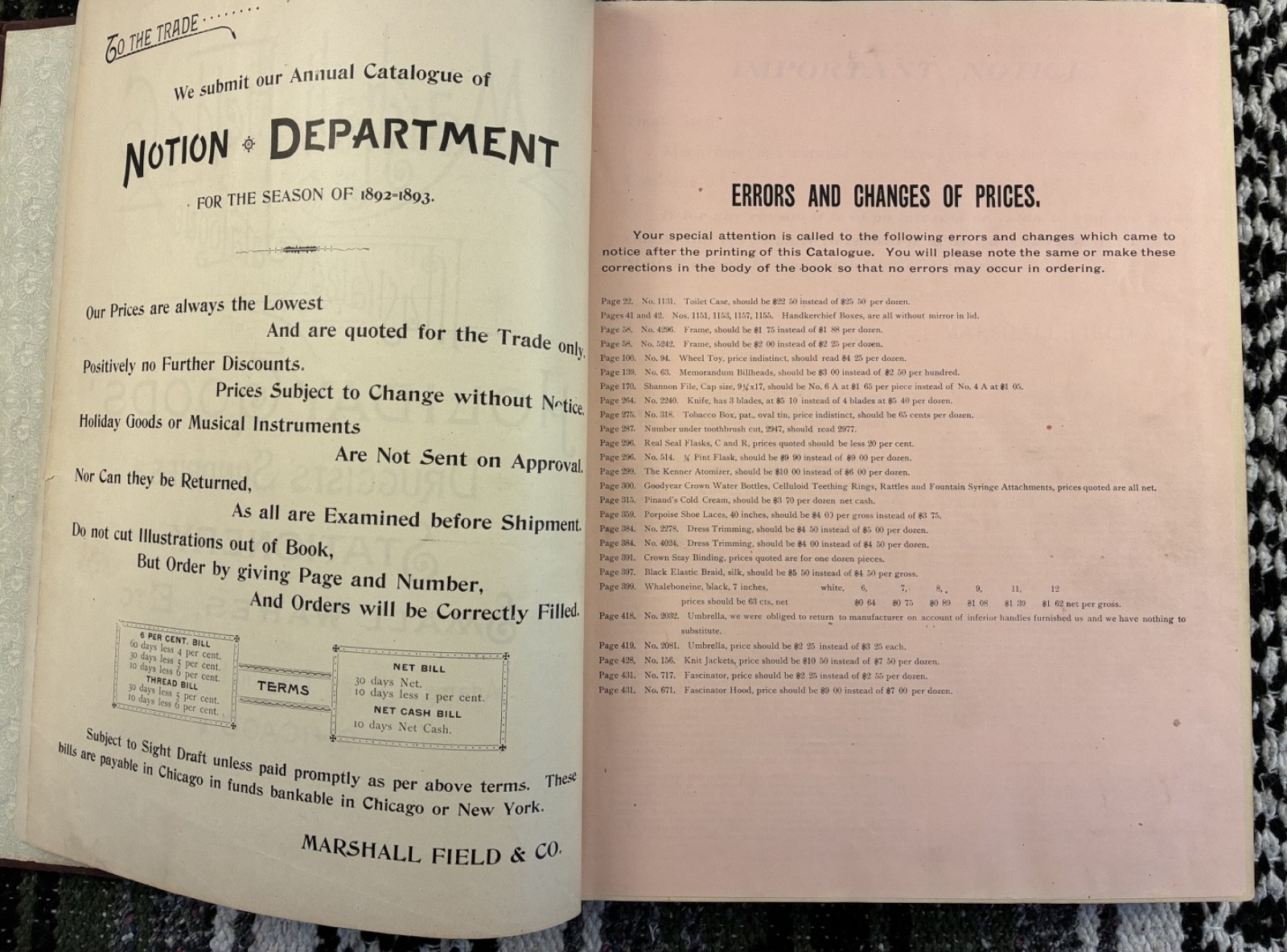 Original Marshall Field Catalogue 1892-1893 – toys, dolls, perfumes, instruments