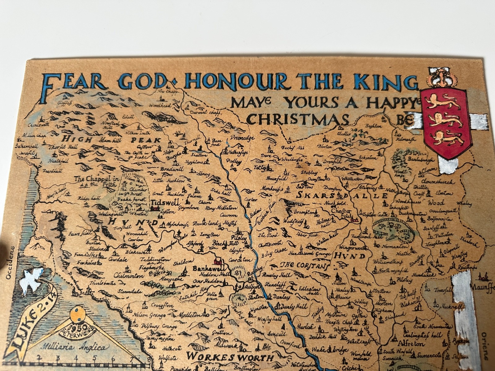 DERBYSHIRE Manuscript Map See VIDEO Presentation 38.5 × 28.5cm hand-painted 1950