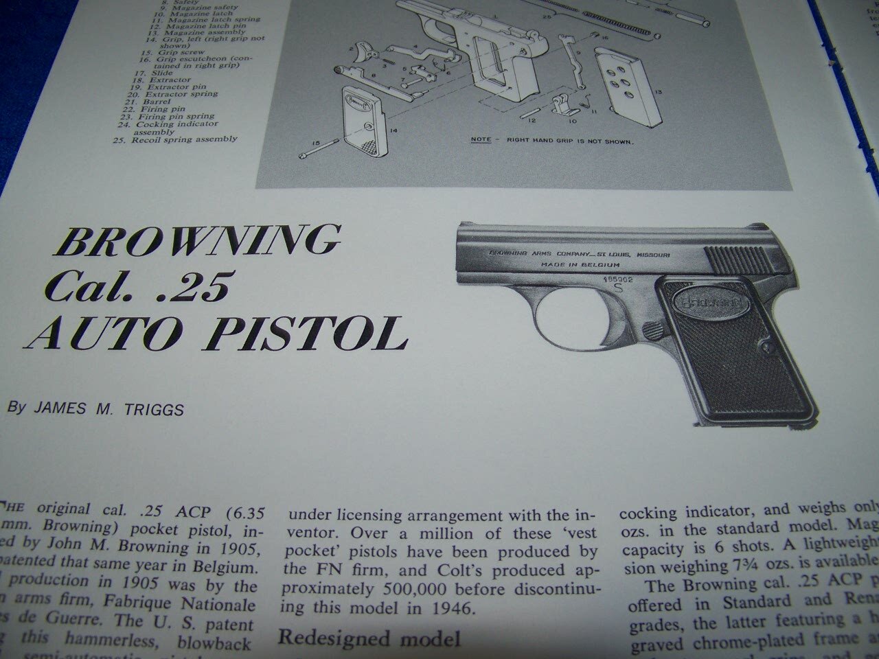 BROWNING (.25 CAL) AUTO PISTOL ..TAKEDOWN/EXPLODED VIEW..(739Z)