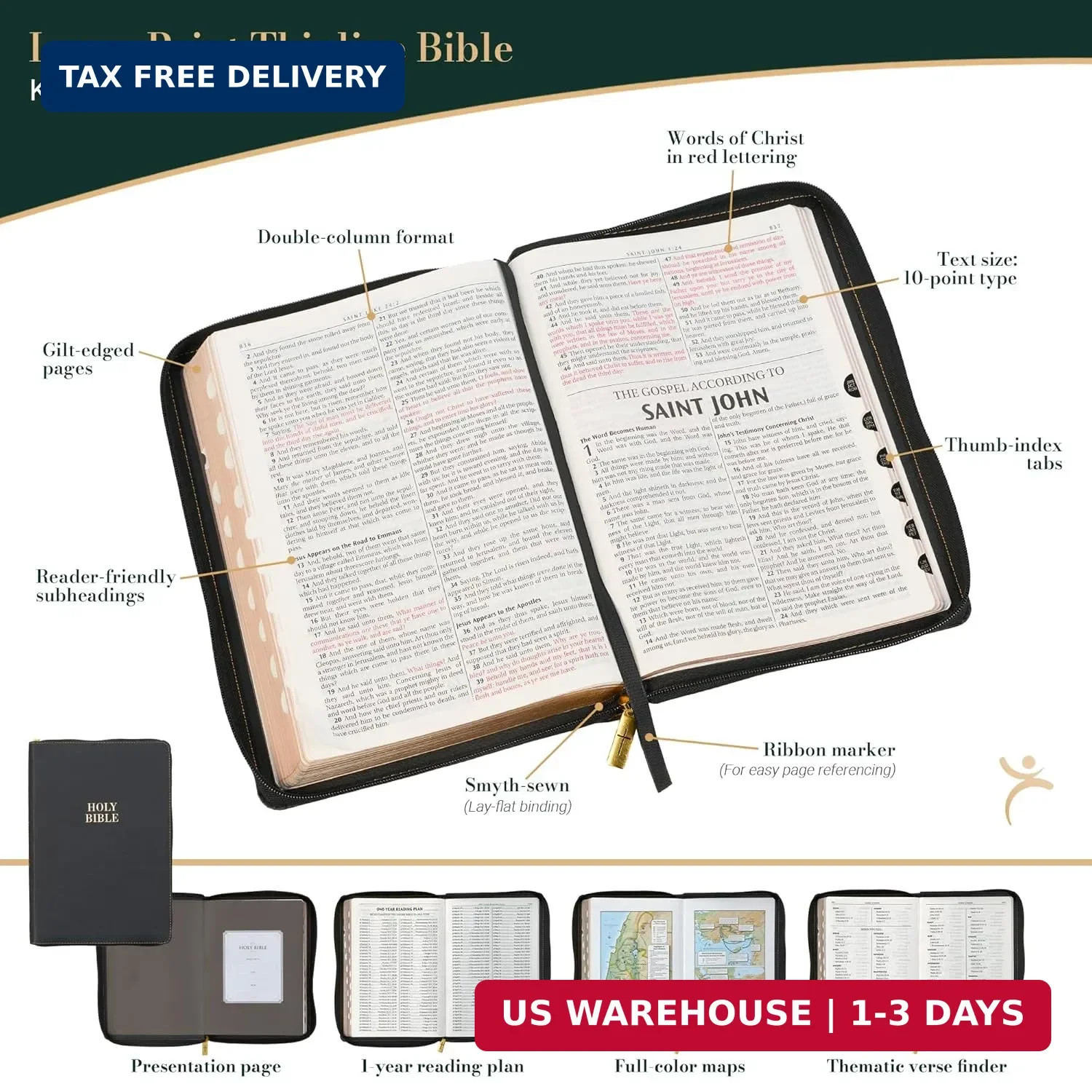 KJV Large Print Thinline Bible Black Zipper Indexed BRAND NEW in Shrink Wrap!!!