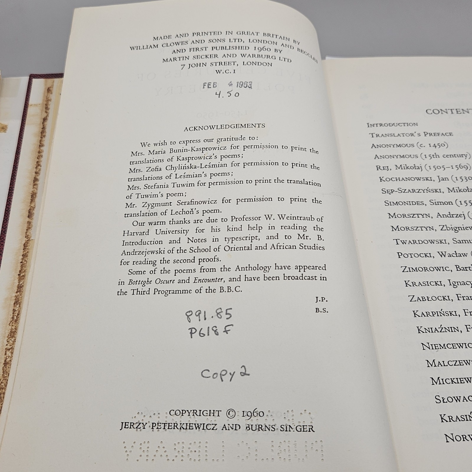 Five Centuries Of Polish Poetry (Peterkiewicz; Singer – 1960)