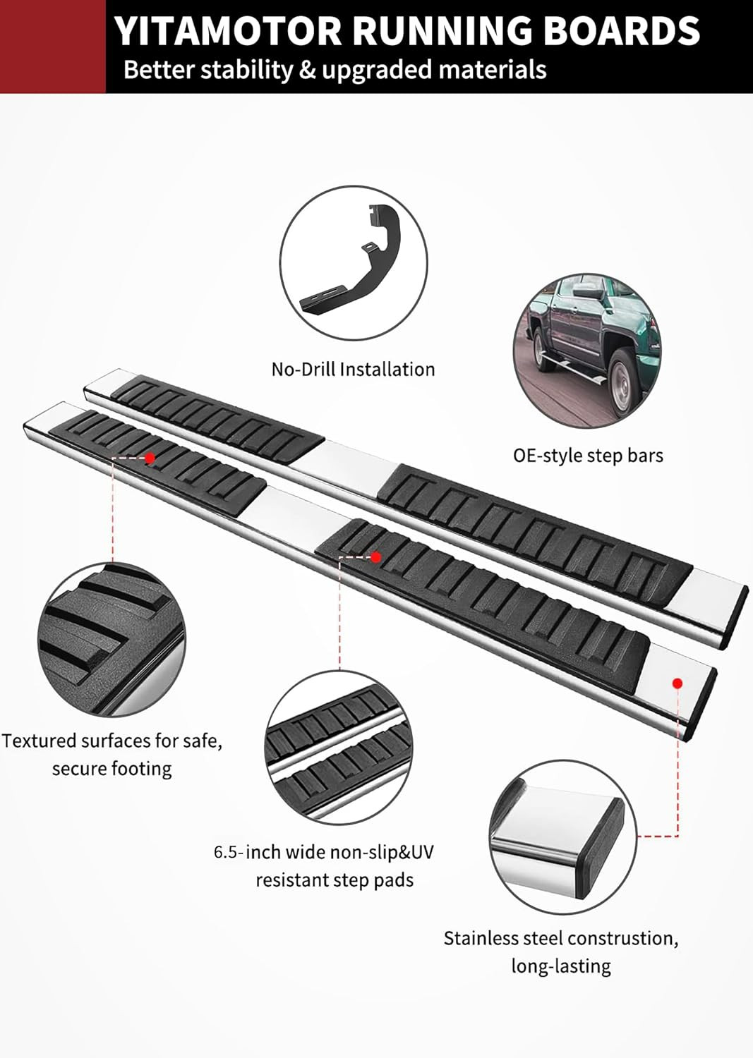 6.5 Inches Running Boards Compatible with 2019-2026 Chevy Silverado/Gmc Sierra 1