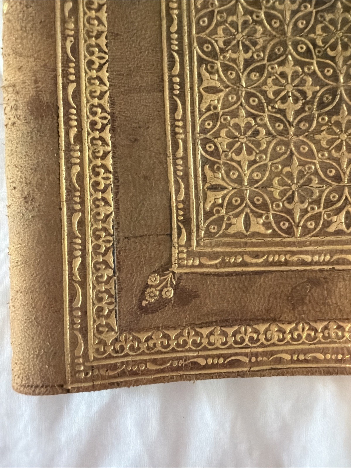 Antique Leather Book Cover with 22k Gold Inlay and Design Art