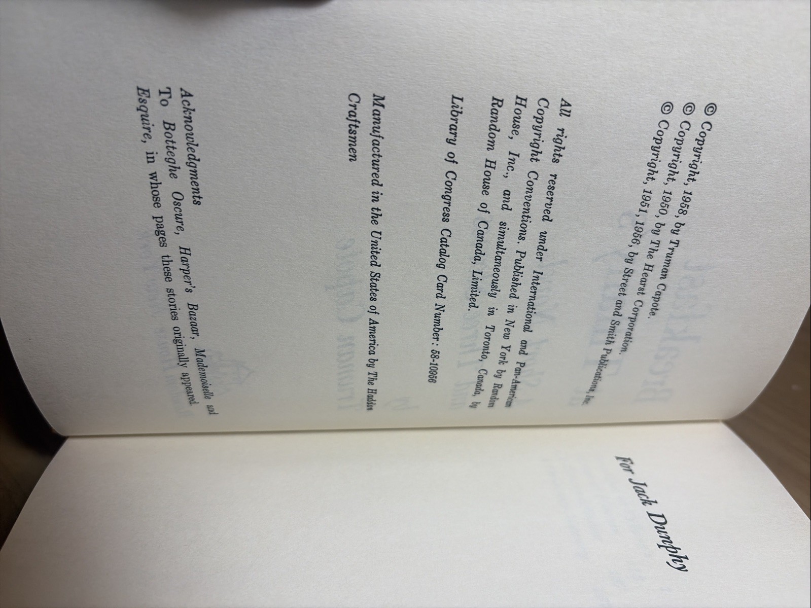 Truman Capote BREAKFAST AT TIFFANY’S 1958 Book Club Edition BCE – FINE / UNREAD