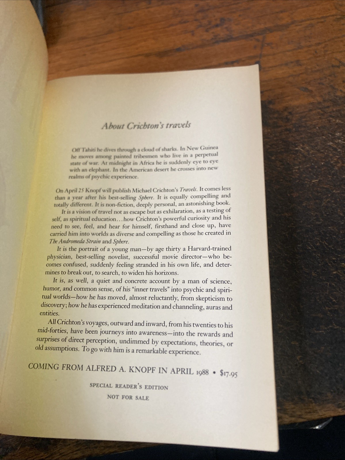 TRAVELS Michael Crichton RARE ARC Special Reader’s Edition 1988 Advance Proof!