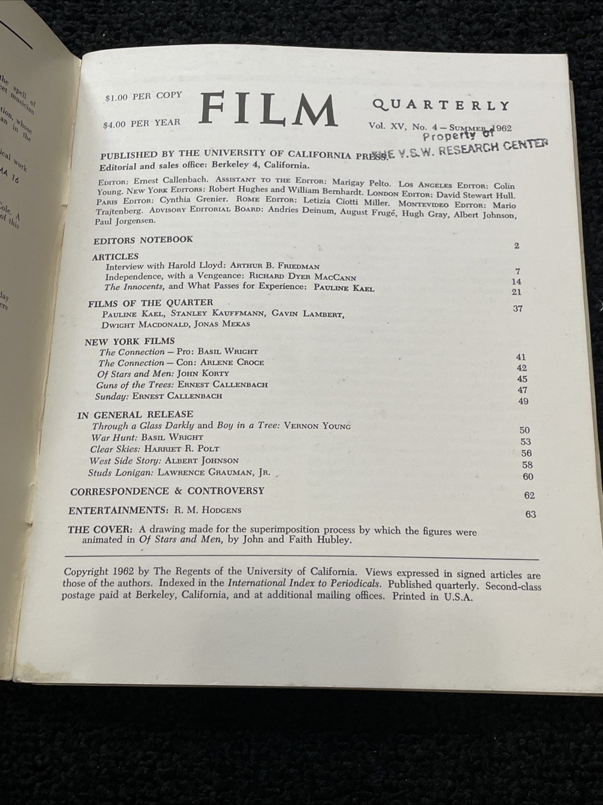RARE Vintage 1960/1962 Lot Of 3 Film Quarterly Journals UC Press – V10