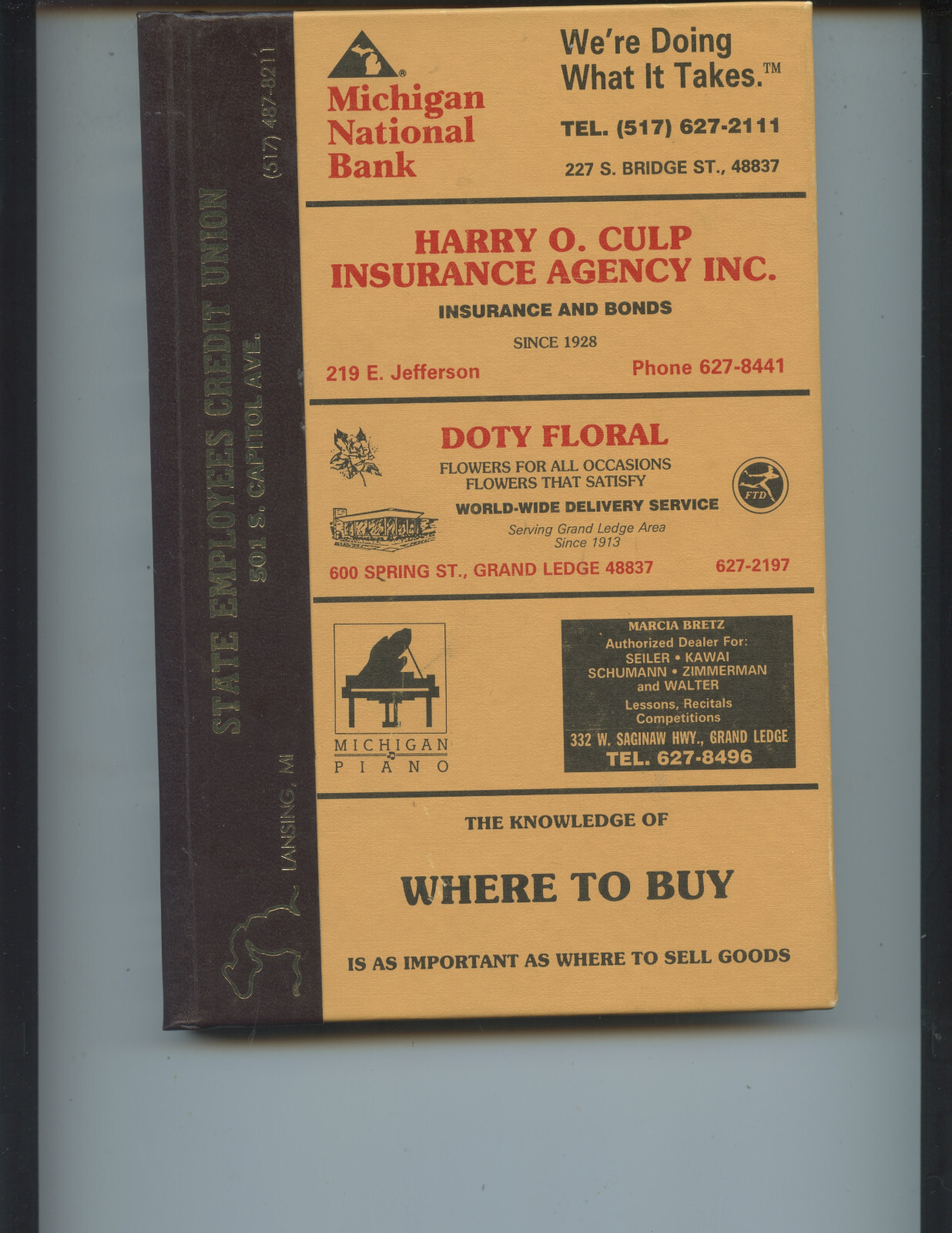 1989 “GRAND LEDGE CITY DIRECTORY” (MICHIGAN, HARDCOVER, 250 PAGES, VERY NICE)