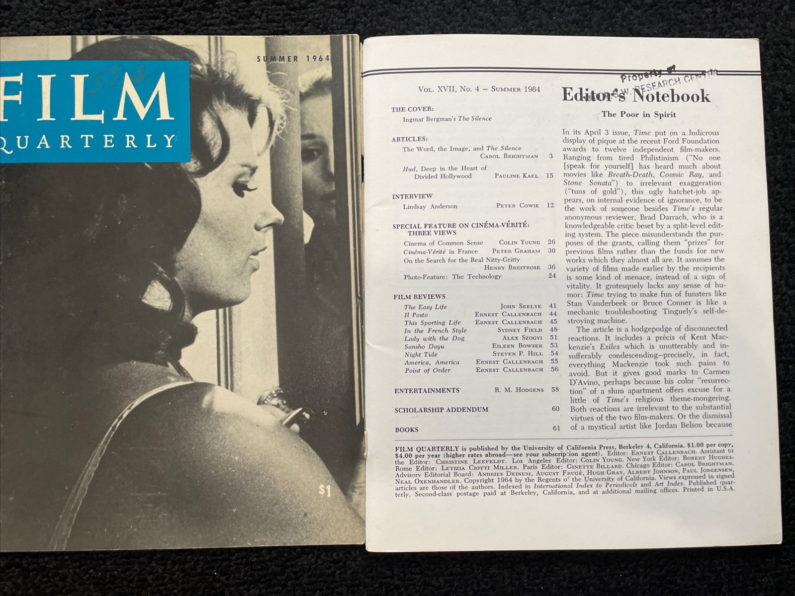 RARE Vintage 1963-1964 Lot Of 4 Film Quarterly Journals UC Press – V10
