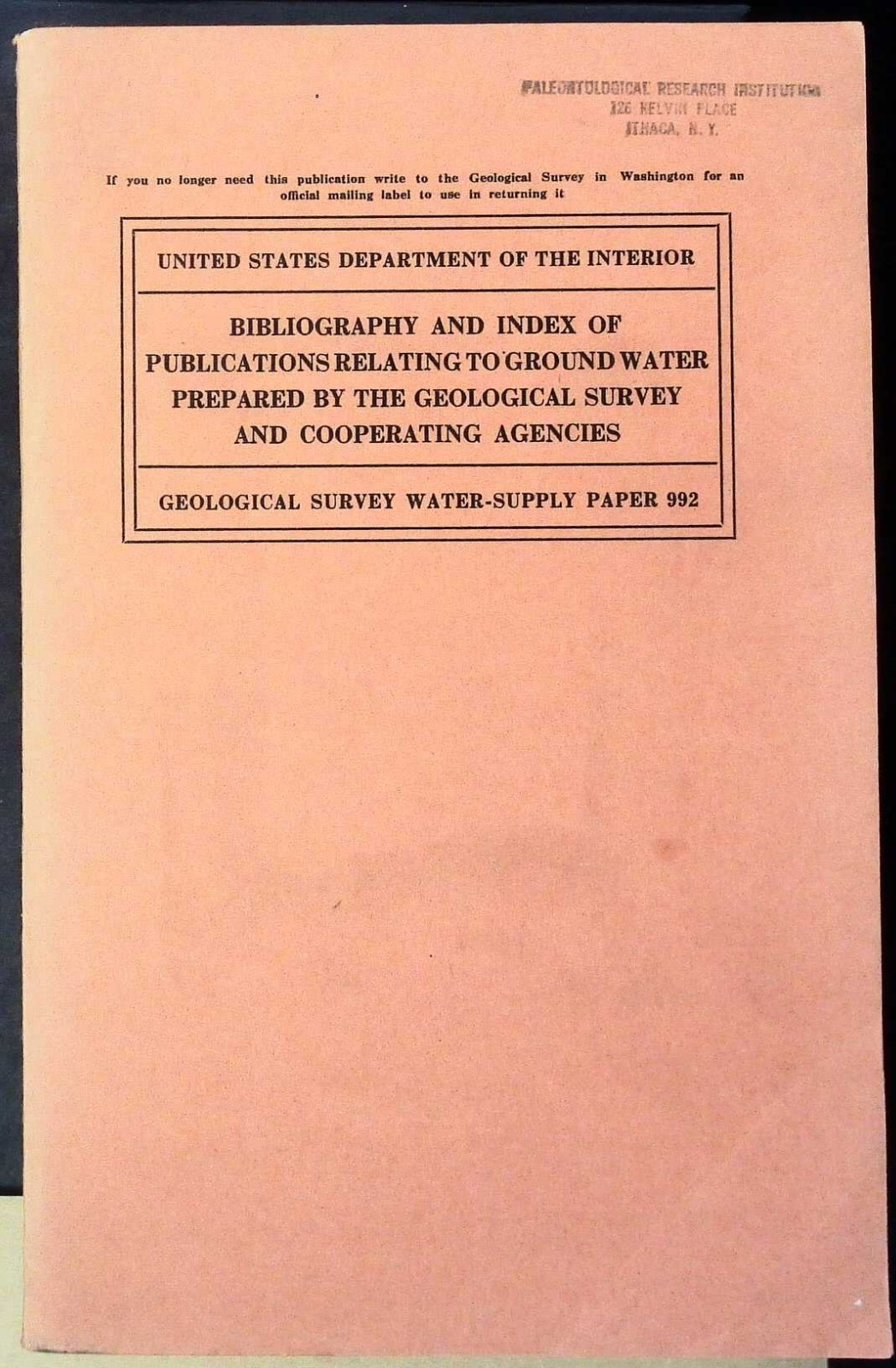 1947 GEOLOGY Bibliography & Index of Ground Water Publications