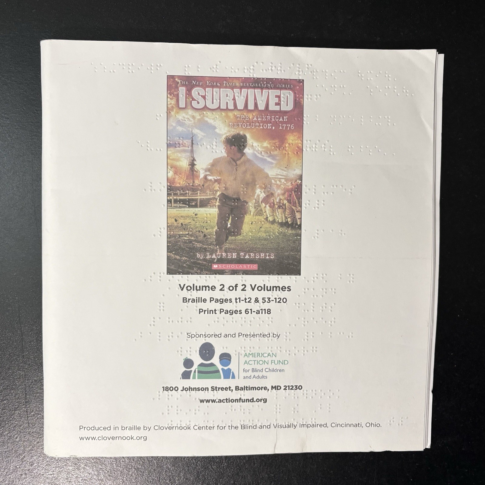 Middle Grade Braille Book I SURVIVED The American Revolution Lauren Tarshish