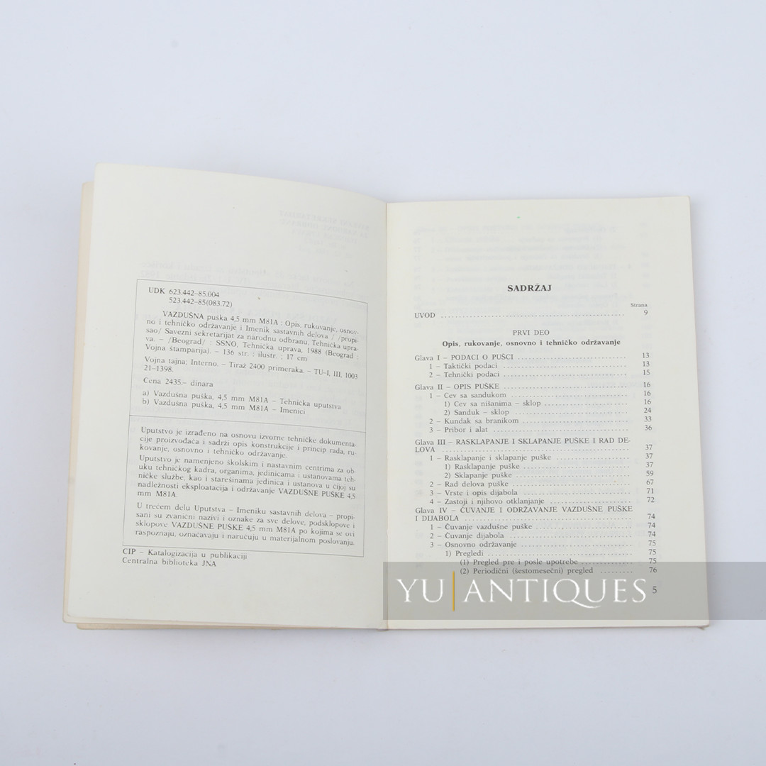 JNA YPA Yugoslav Peoples Army Manual Book For Air Rifle 4,5mm M81A Handling Etc