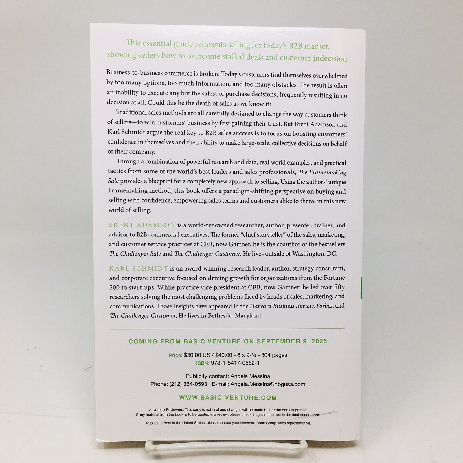 The Framemaking Sale ARC by Brent Adamson Karl Schmidt B2B Selling Success NEW