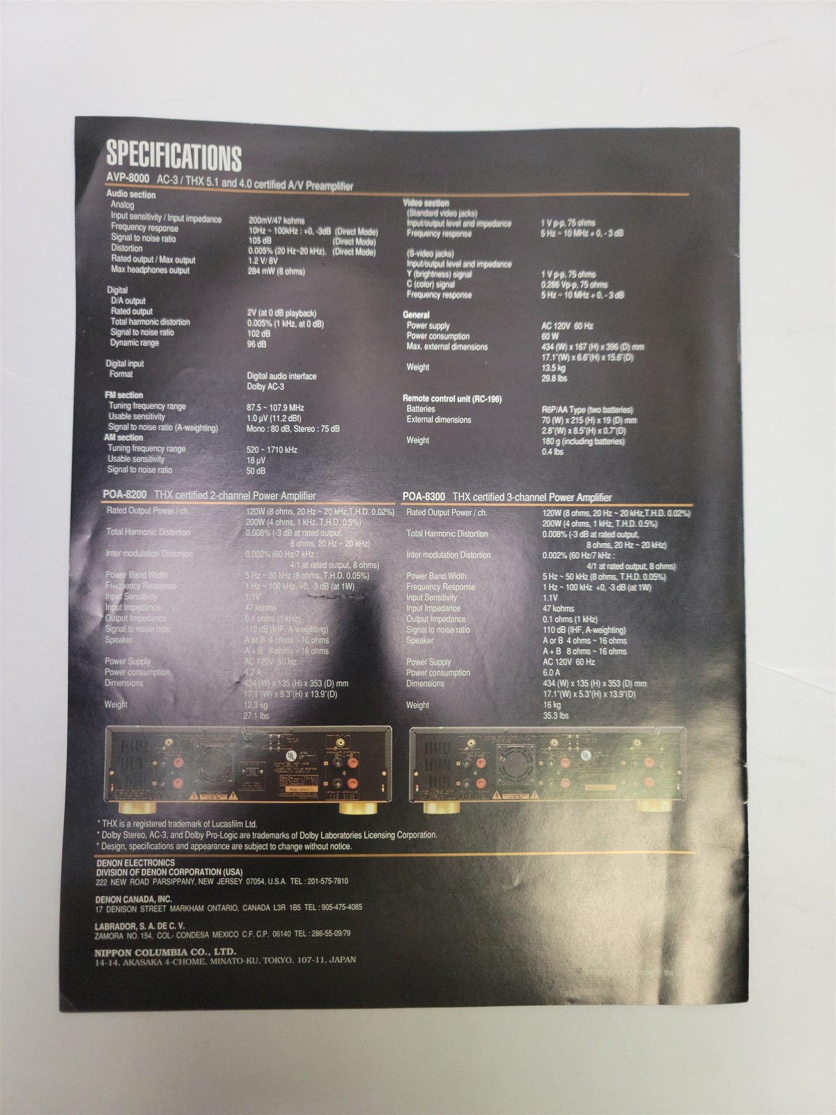 1990’s Denon Lucasfilm THX AVP-8000 / POA-8300 / POA-8200 Brochure & Specs