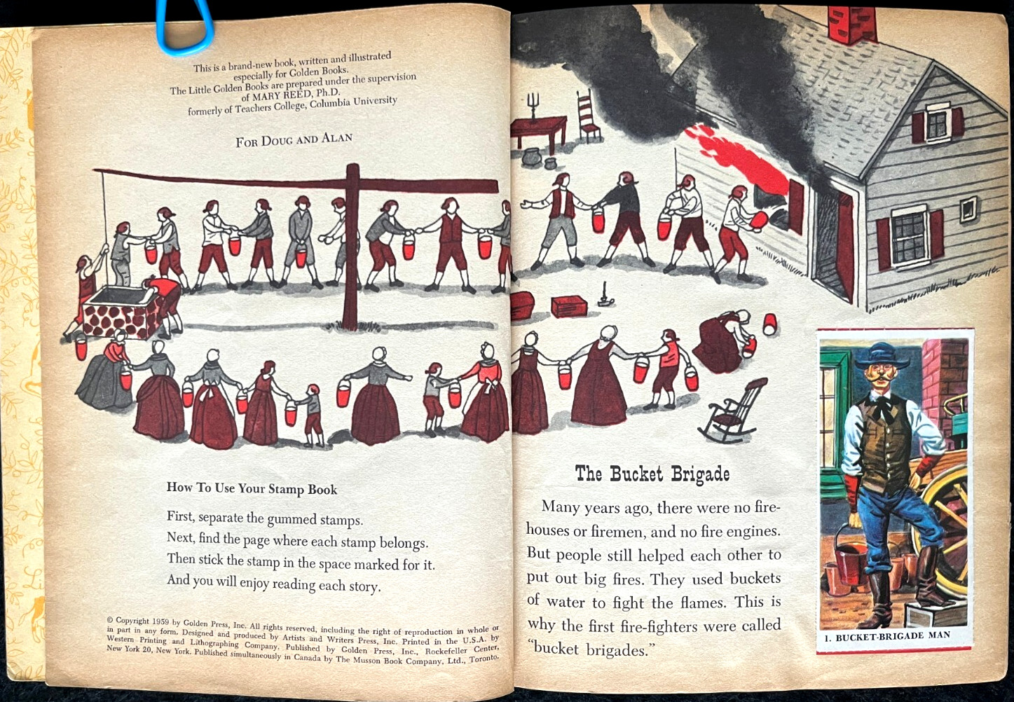 FIREMEN & FIRE ENGINES + DOG STAMPS ~ vintage Little Golden Book set, GUC