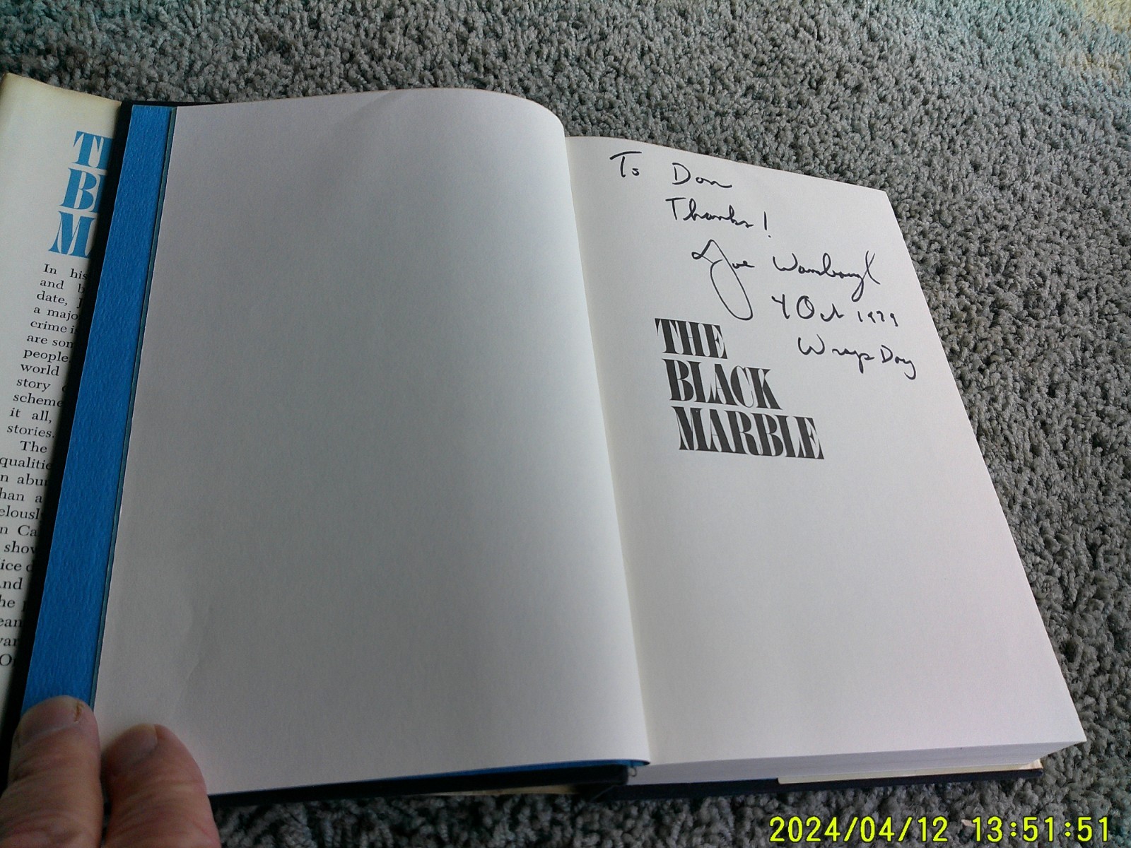 THE BLACK MARBLE: a novel by Joseph Wambaugh. 1st edition 1978 w/DJ. INSCRIBED