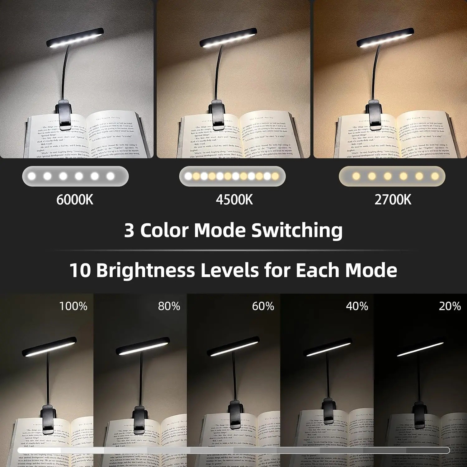 USB Rechargeable LED Book Light Flexible Clip On Reading Lamp Bed Travel