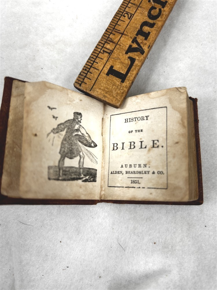 antique 1851 miniature book leather 2 x 2 History of the Bible 23 illustrations