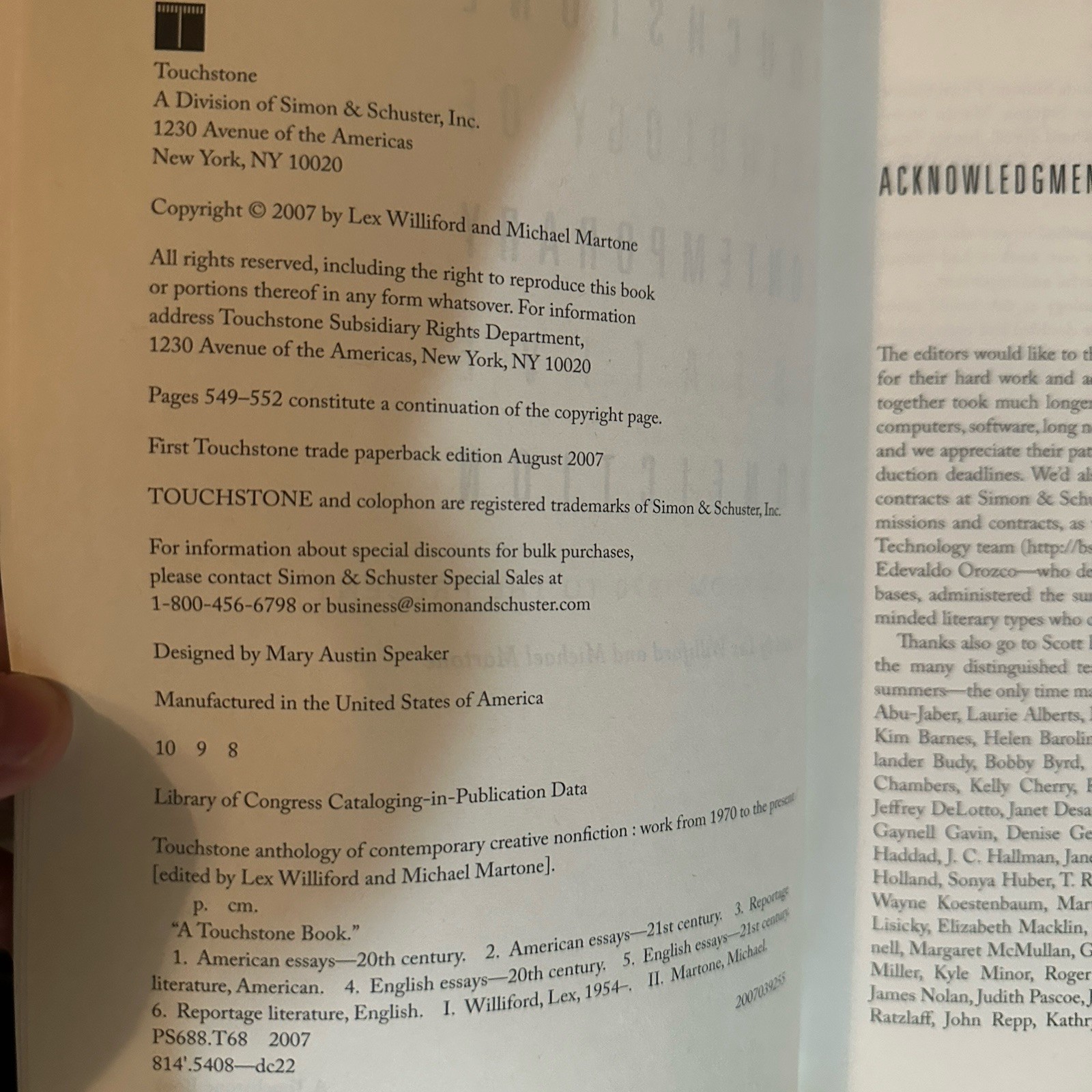 Touchstone Anthology of Contemporary Creative Nonfiction: 1970 to Present