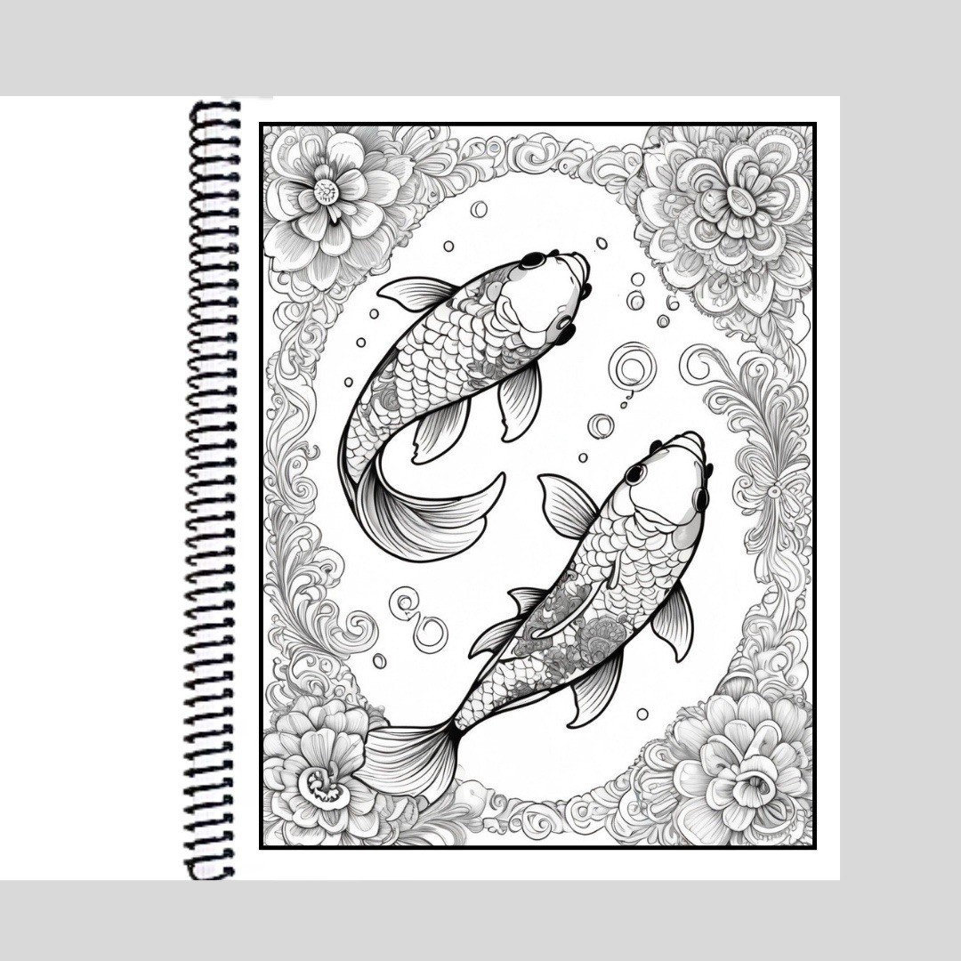 Koi – Spiral Bound Adult Coloring Book – Thick Artist Paper – 50 pages