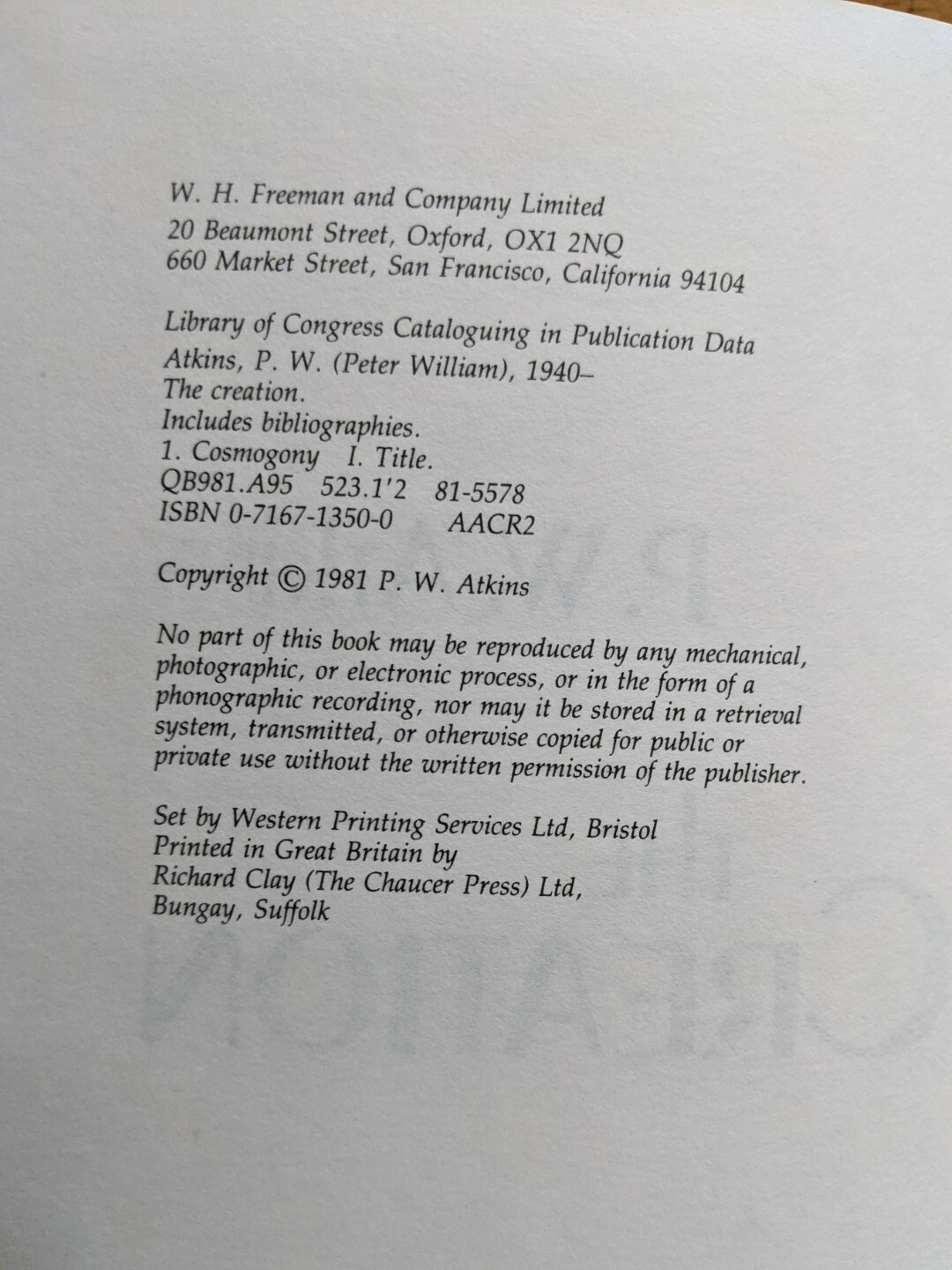 THE CREATION P.W. Atkins 1st Edition 1st Printing 1981 HCDJ