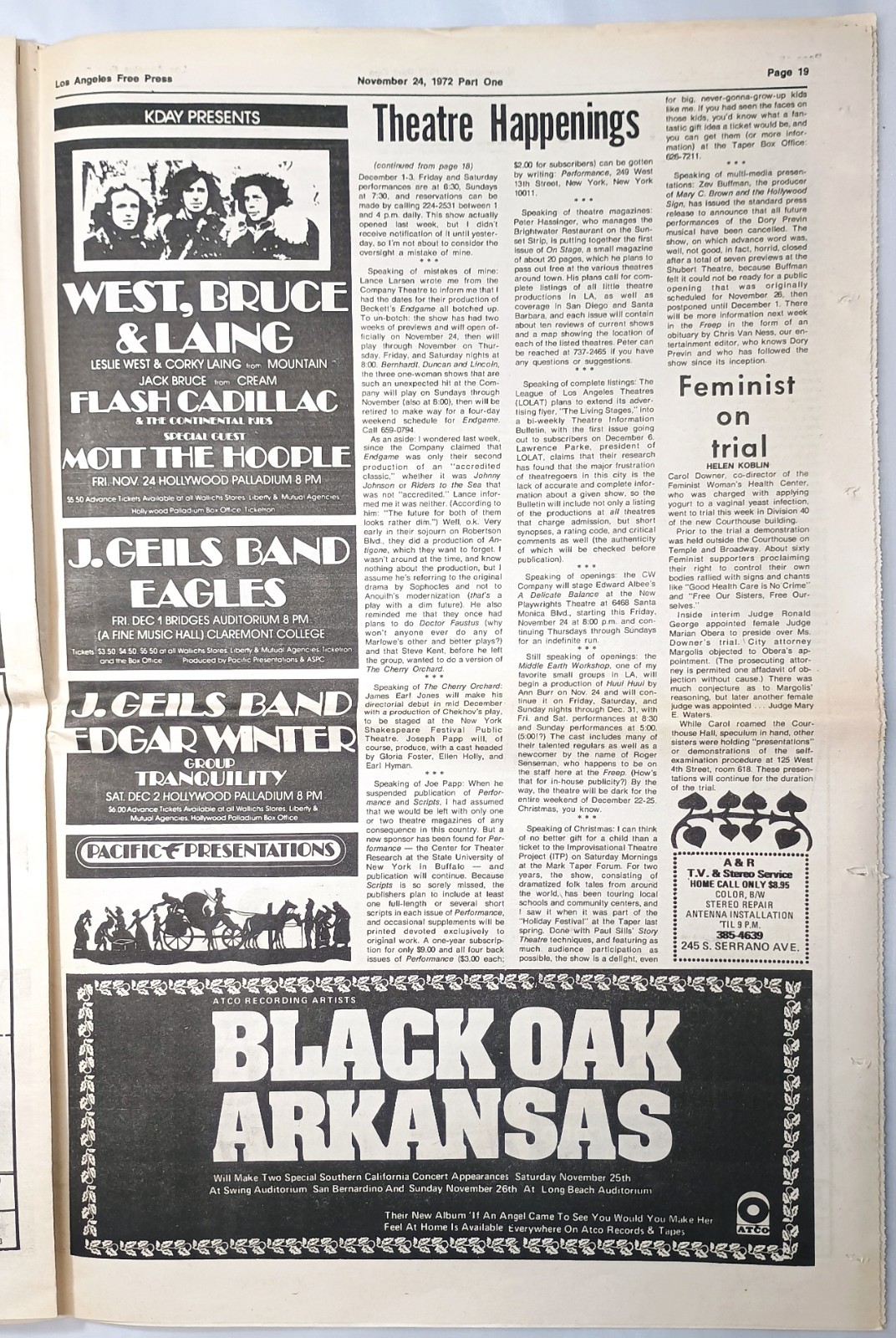 1972 newspaper LOS ANGELES FREE PRESS Bill Walton ANGELA DAVIS Harlan Ellison