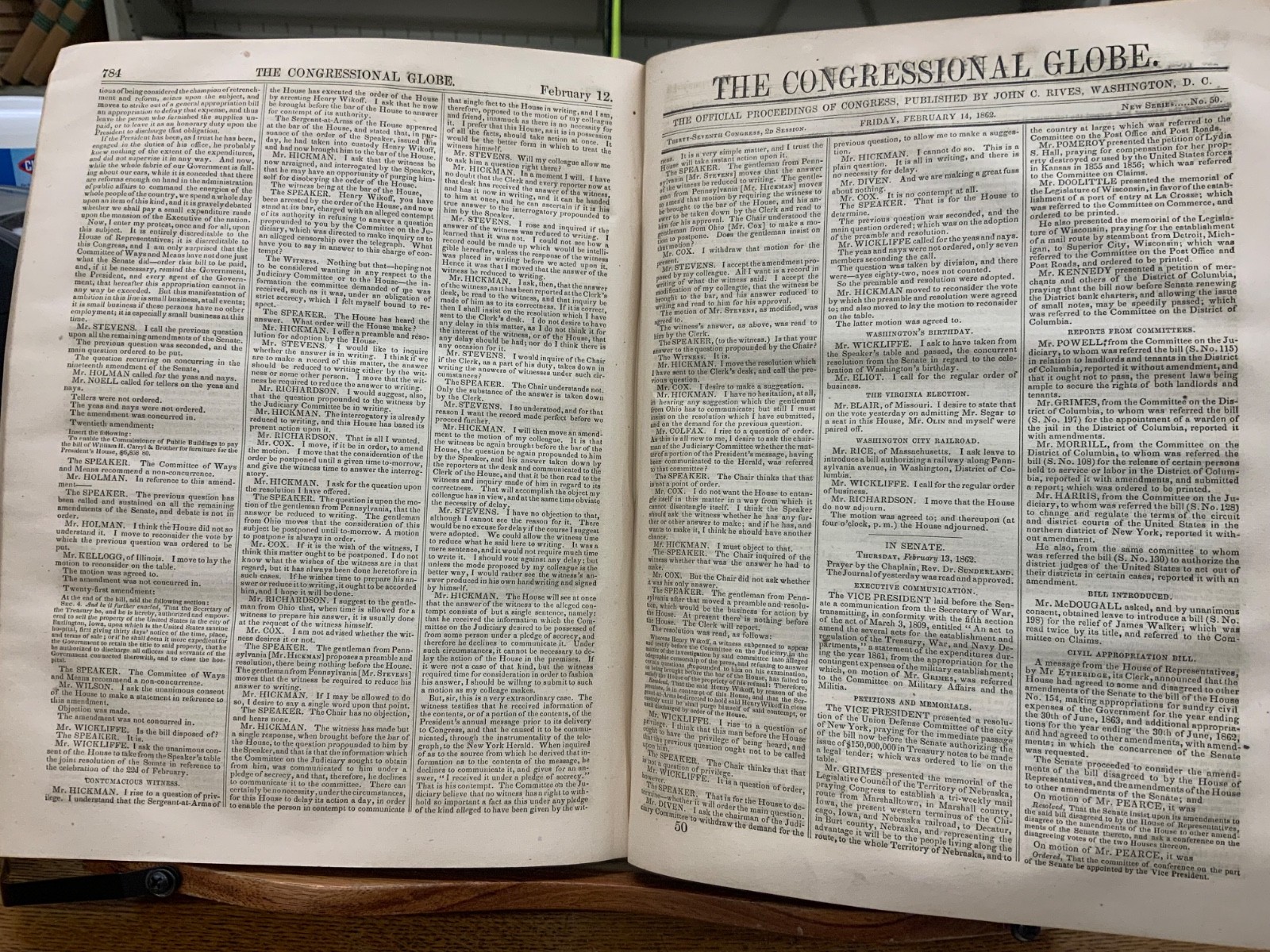 1862 Congressional Globe 37th Congress 2nd Session Morrill Introduction Bill 108