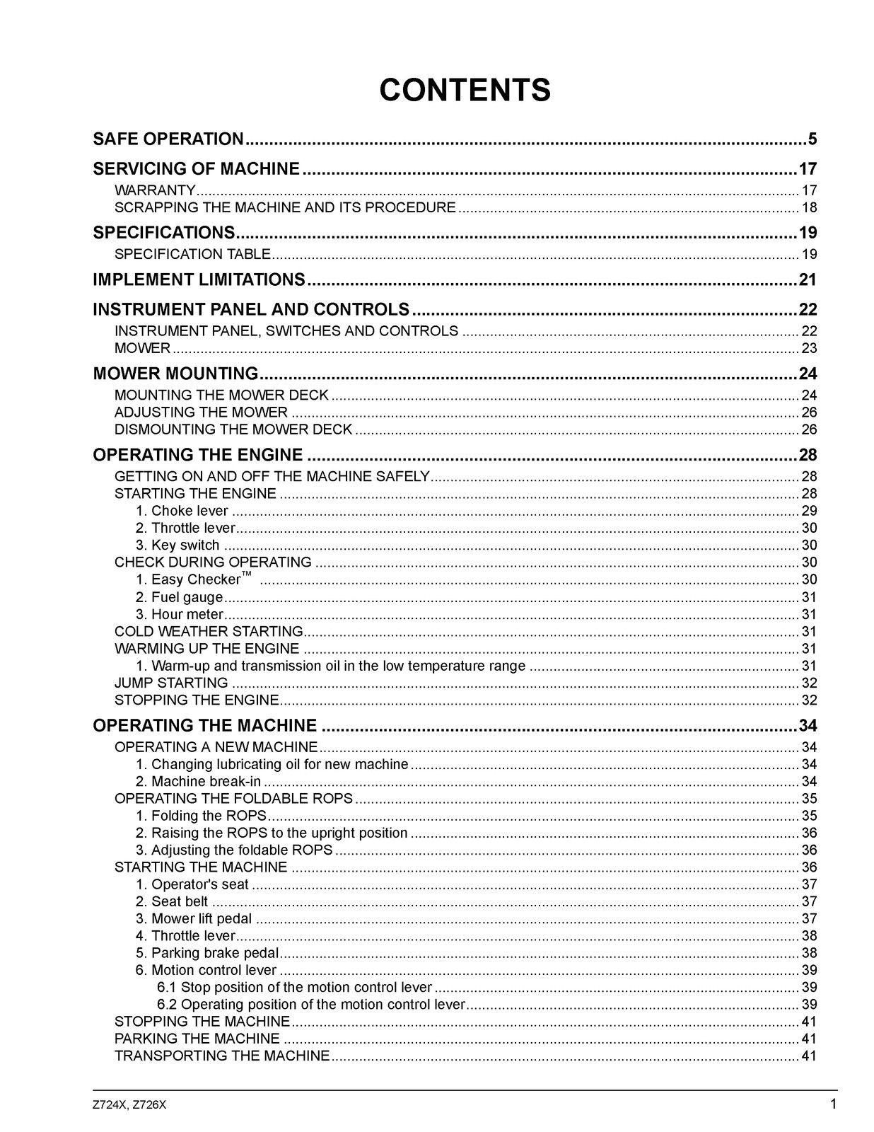 KUBOTA Z724X Z726X Zero Turn Operators Manual, BIND – FRONT & BACK – XL FOLDOUTS