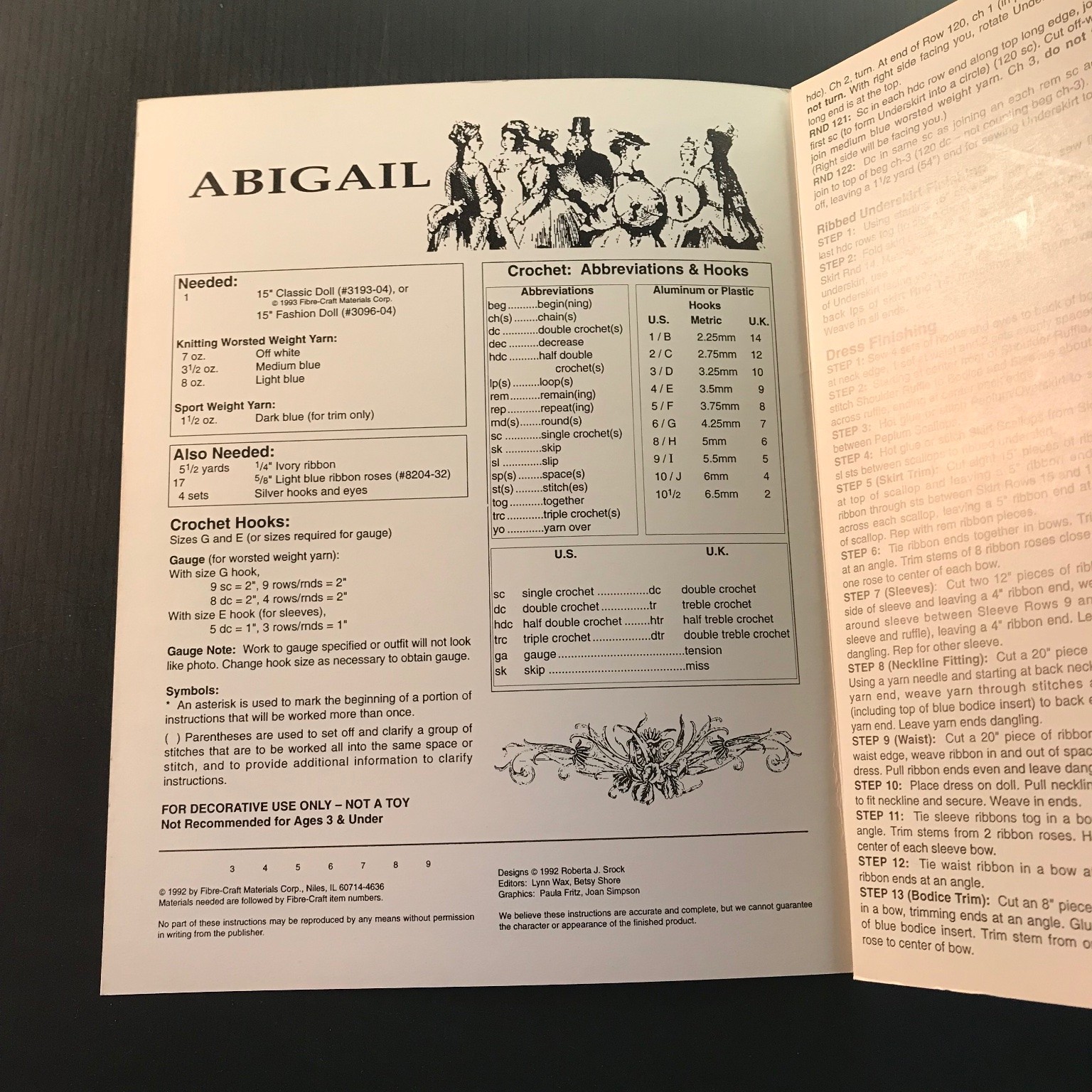 Abigail Fibre-Craft Doll Crochet Pattern Colonial Dress 1992 FCM332