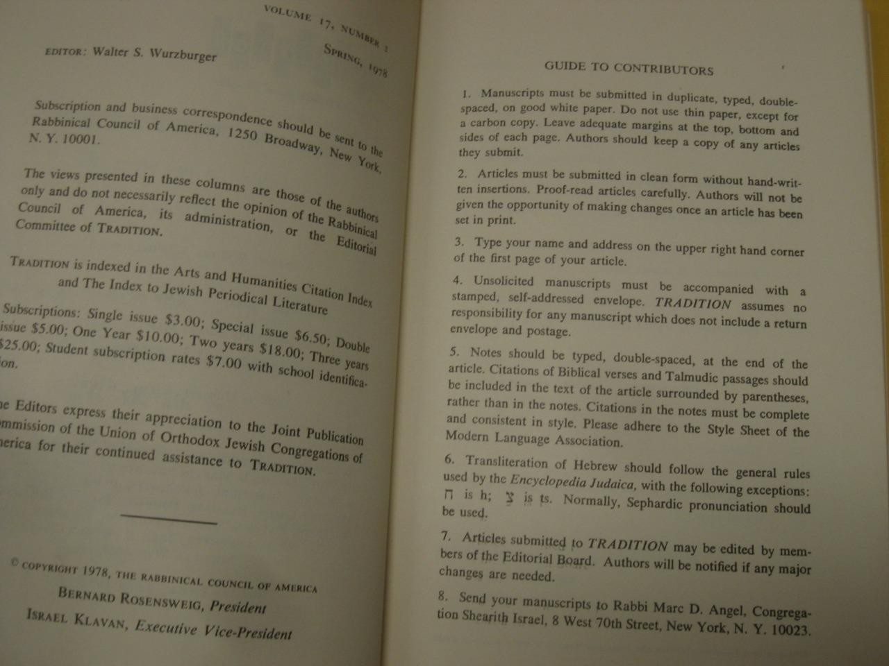 Tradition. Spring 1978. Special Issue in Honor of Joseph B. Soloveitchik