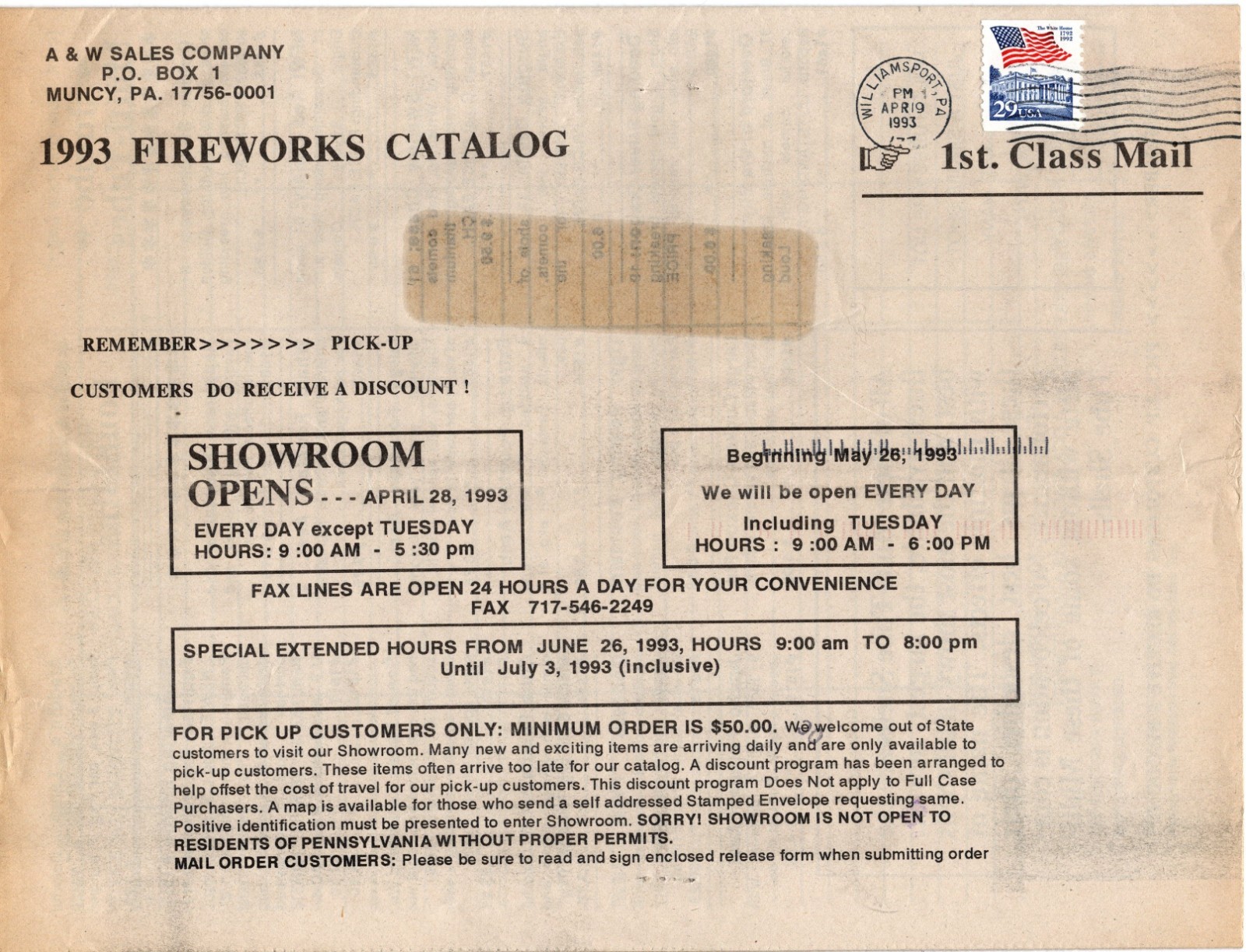 FIREWORKS CATALOG 1993 A&W SALES MUNCY, PA 16 Pages