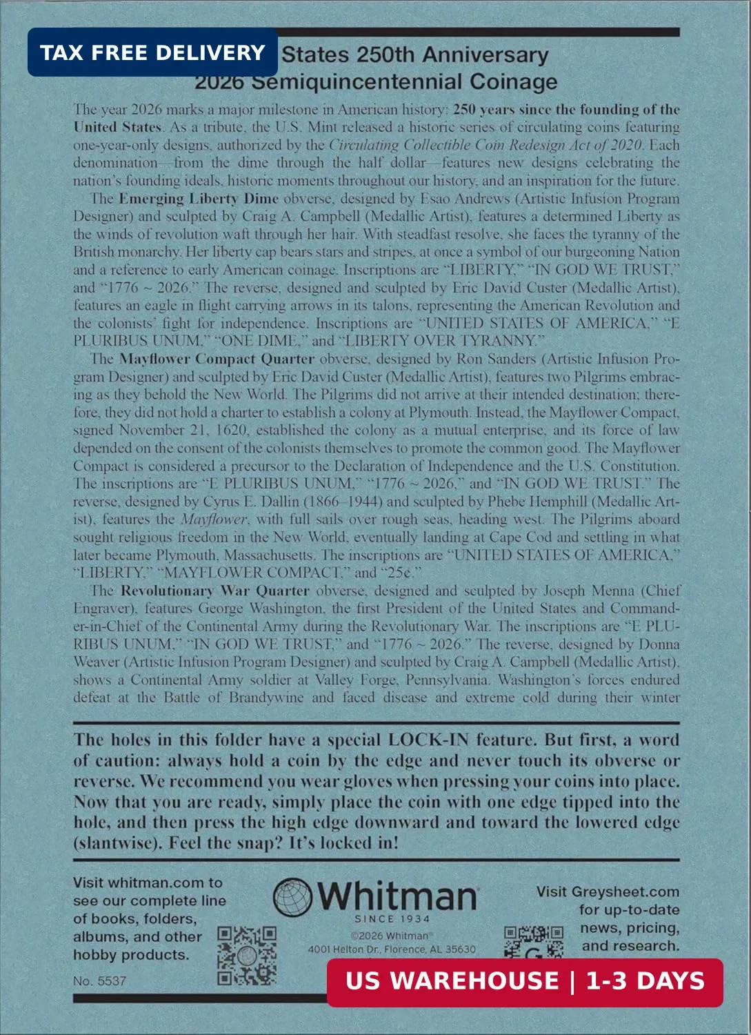 Official Whitman® Coin Folder – United States 250th Anniversary Blue FAST SHIP