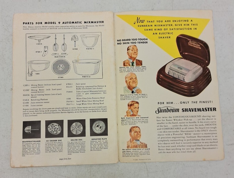Vintage 1948 Sunbeam Automatic Mixmaster Instruction & Recipe Booklet #6.2.5