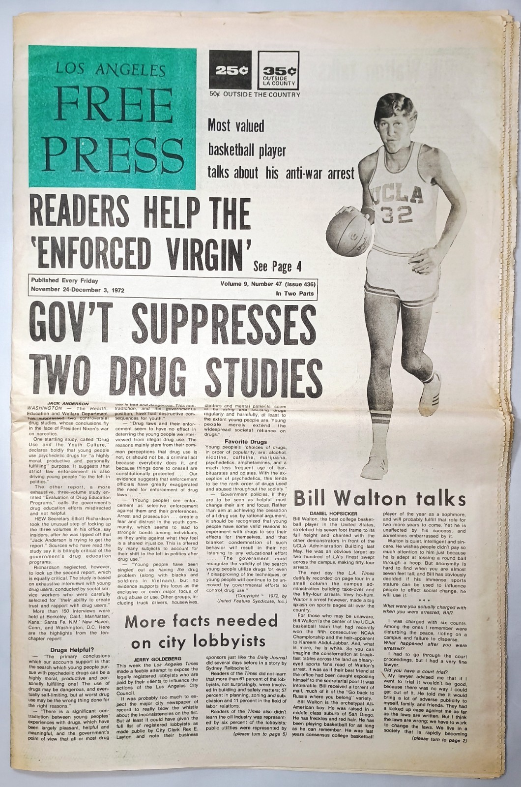 1972 newspaper LOS ANGELES FREE PRESS Bill Walton ANGELA DAVIS Harlan Ellison