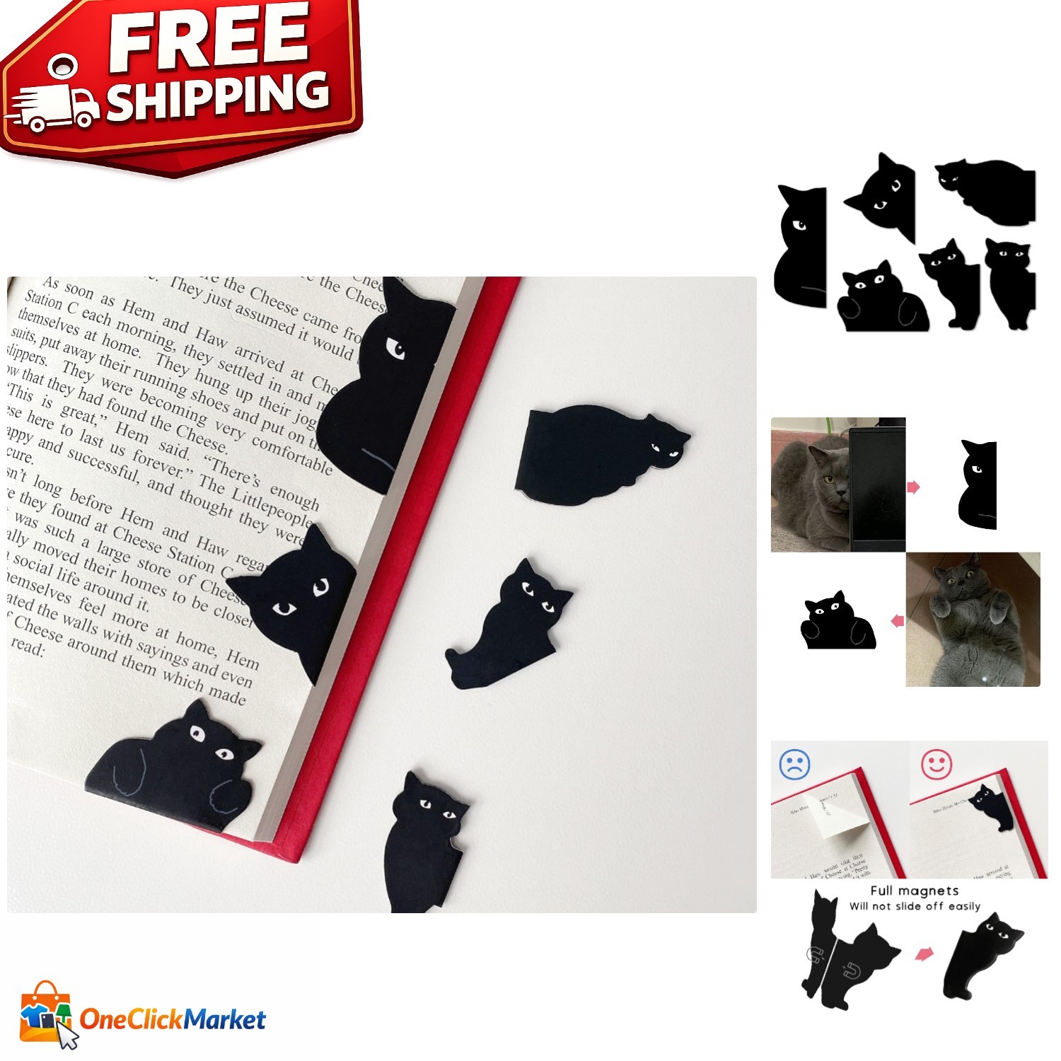 Kawaii Cat Magnetic Page Markers – 6 Hypoallergenic Bookmarks for Easy Use