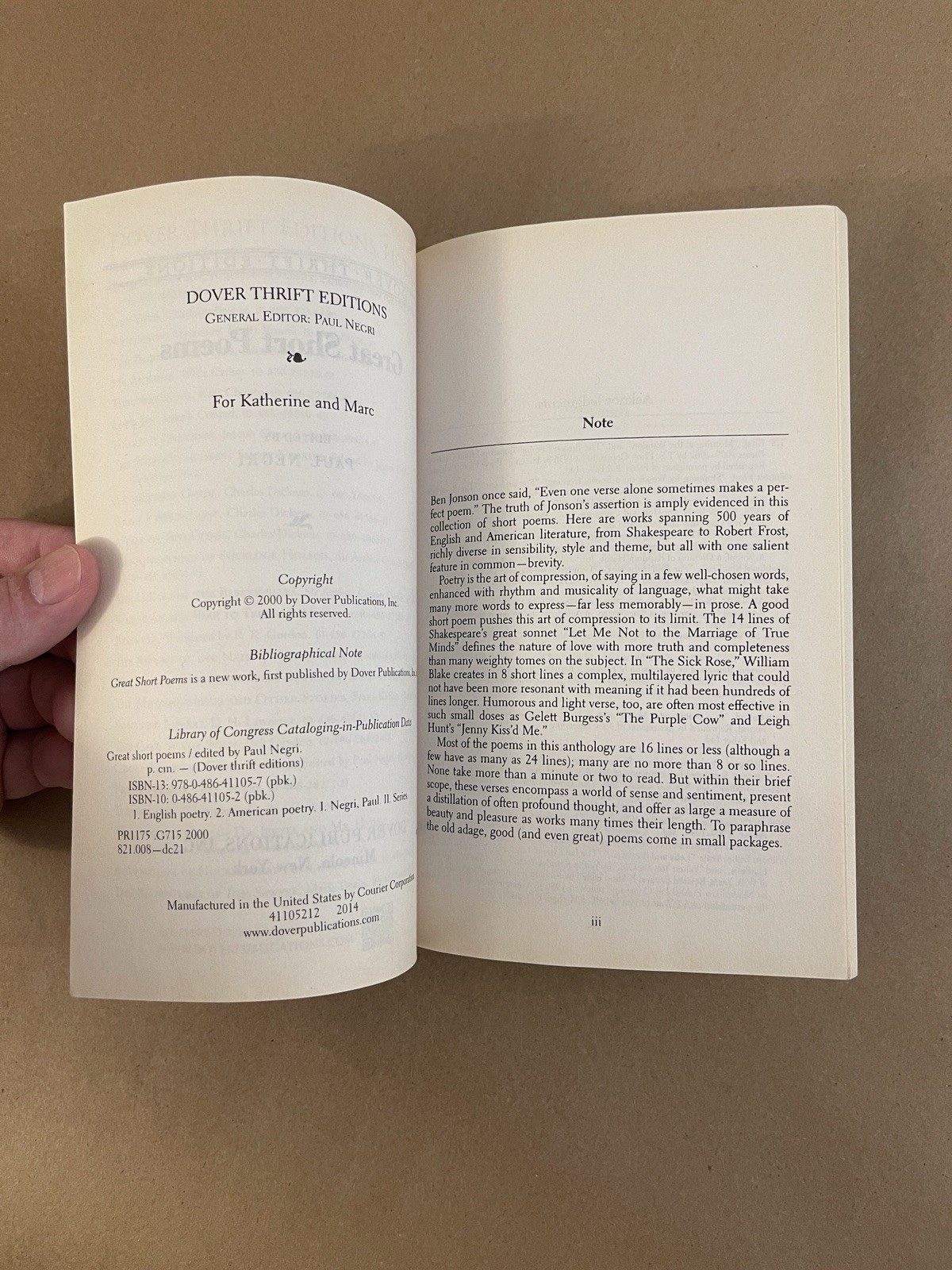Dover Thrift Editions: Great Short Poems – Paul Negri – B44