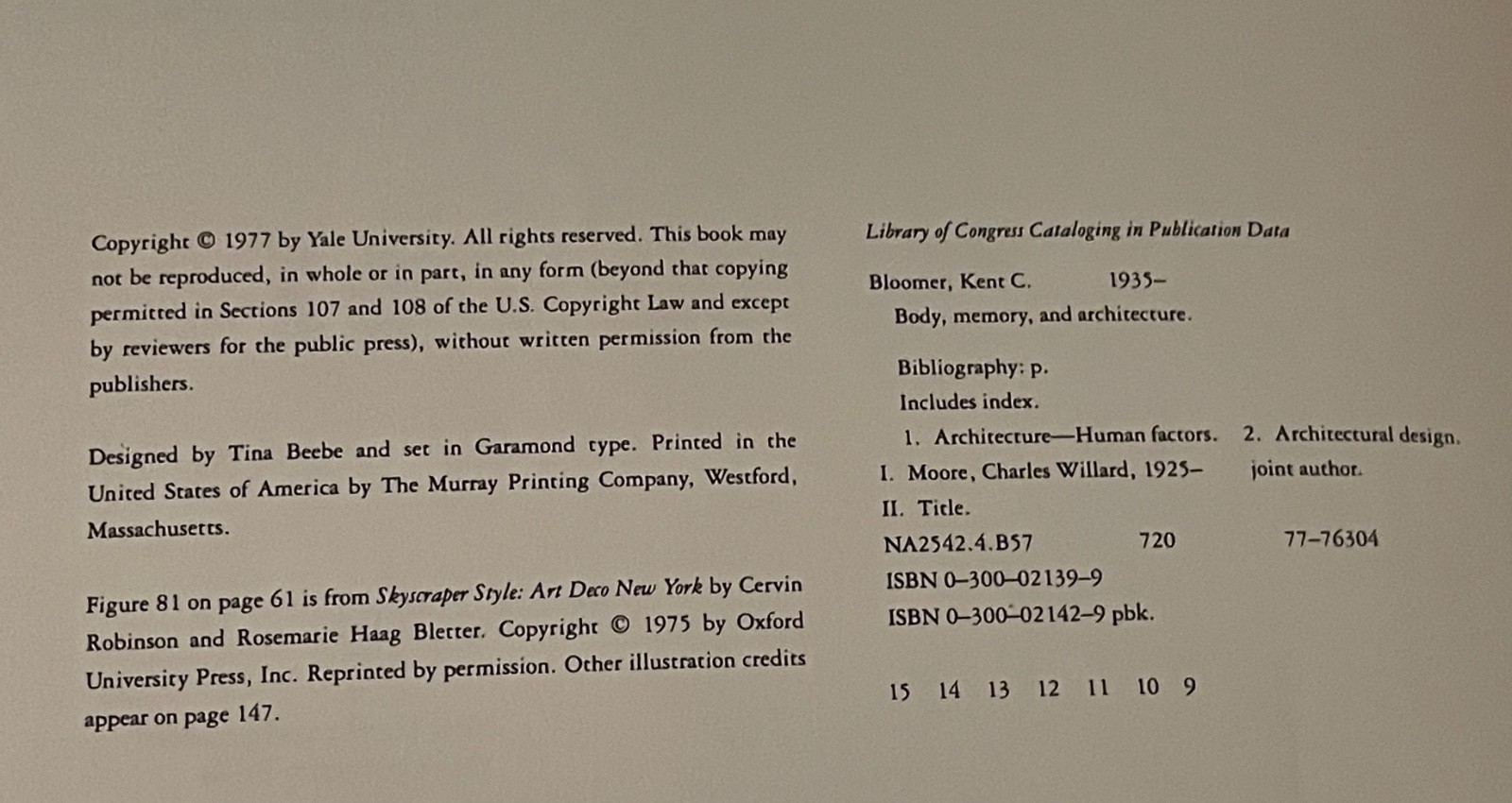 Body, Memory, & Architecture By Kent C. Bloomer & Charles W. Moore (1977 / PBK)