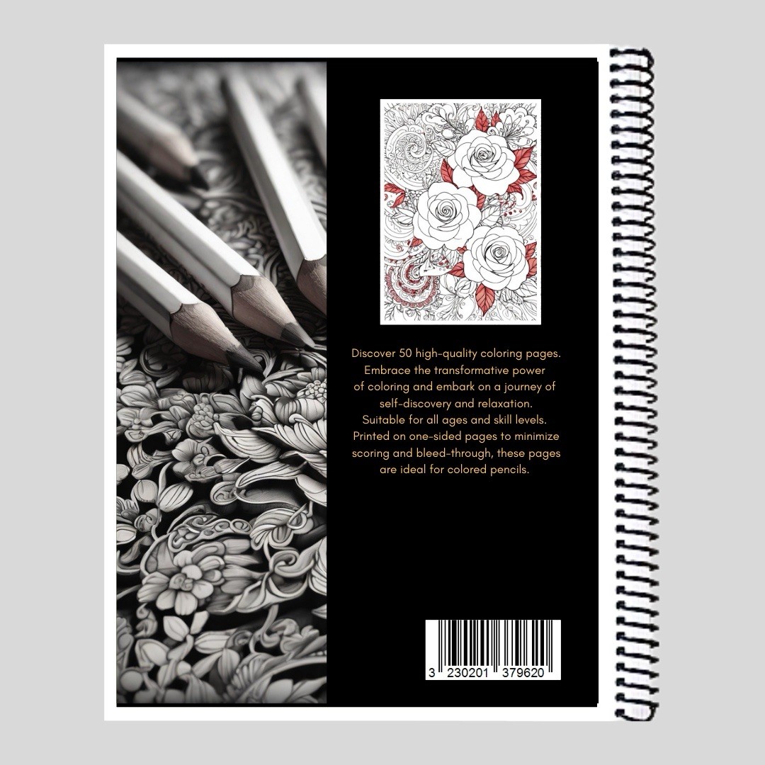 Roses- Spiral Bound Adult Coloring Book – Thick Artist Paper – 50 pages